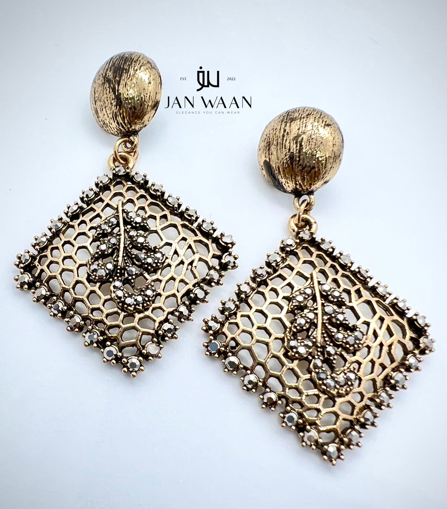 BLACK NET CRAFTED GOLD OXIDIZED EARRINGS